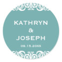 Teal blue Victorian scroll wedding favor label sticker