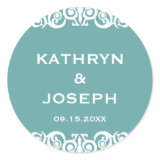 Teal blue Victorian scroll wedding favor label Round Stickers