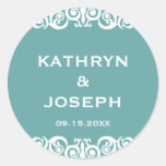 Teal blue Victorian scroll wedding favor label Round Stickers