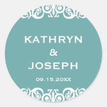 Teal blue Victorian scroll wedding favor label Round Stickers