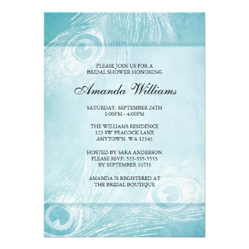 Teal Blue Watercolor Peacock Feather Bridal Shower Custom Announcement