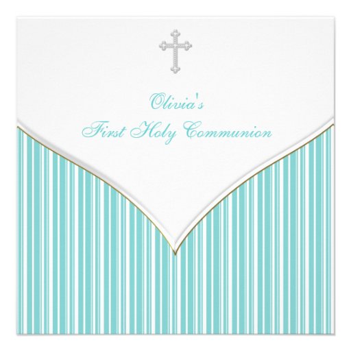 Teal Blue White Cross First Communion Custom Invites