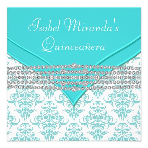 Teal Blue White Damask Diamond Quinceanera Invites