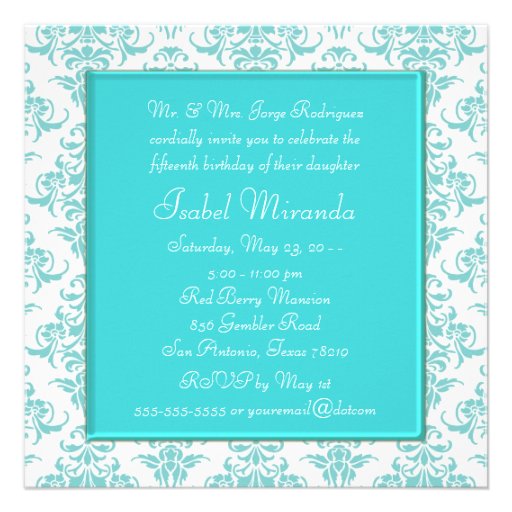 Teal Blue White Damask Diamond Quinceanera Invites