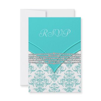 Teal Blue White Damask Elegant RSVP Response Card invitation