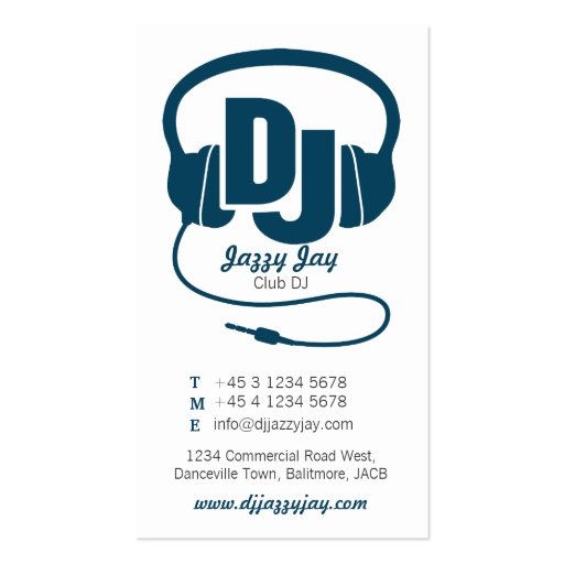 teal blue & white DJ promoter business card (front side)