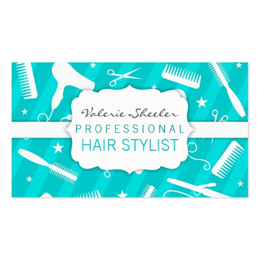 Teal Blue & White Hair Salon Tools Business Card (front side)
