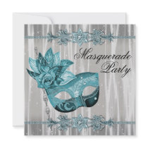 Teal Blue White Masquerade Party Custom Invitations