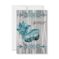 Teal Blue White Masquerade Party RSVP Personalized Invitations