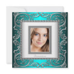 Teal Blue White Photo Quinceanera invitations