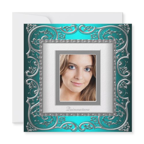 Teal Blue White Photo Quinceanera invitations