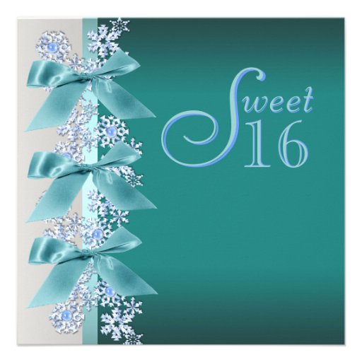 Teal Blue White Snowflake Sweet Sixteen Birthday Invitation (front side)
