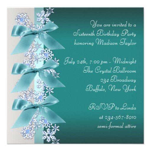 Teal Blue White Snowflake Sweet Sixteen Birthday Invitation