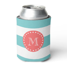 Teal Blue White Stripes Pattern, Coral Monogram Can Cooler