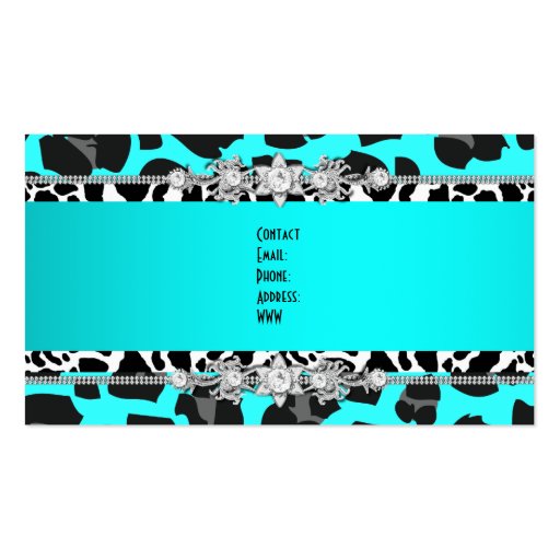 Teal Blue Wild Animal Black Jewel Look Image Business Card (back side)