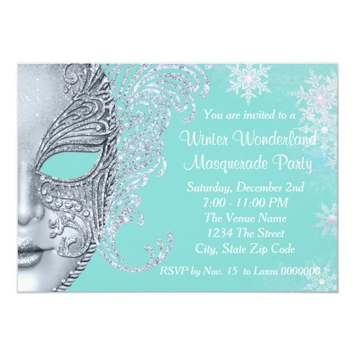 Teal Blue Winter Wonderland Masquerade Party Personalized Invitation (front side)