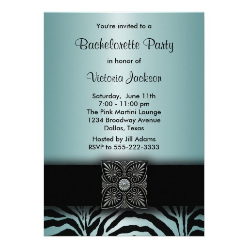 Teal Blue Zebra Bachelorette Party Custom Invitation