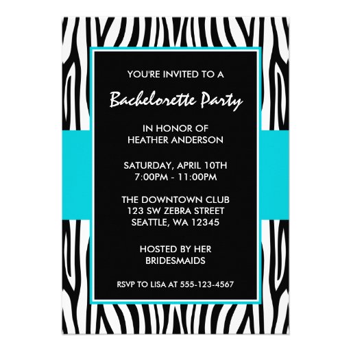 Teal Blue Zebra Bachelorette Party Invitations