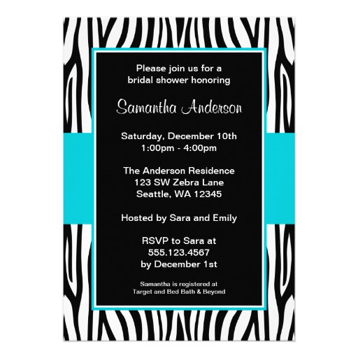 Teal Blue Zebra Bridal Shower Custom Invite