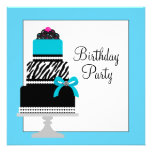 Teal Blue Zebra Cake Cupcake Birthday Party Custom Announcement