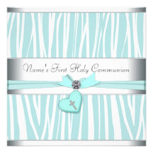 Teal Blue Zebra Cross First Communion Custom Invitation