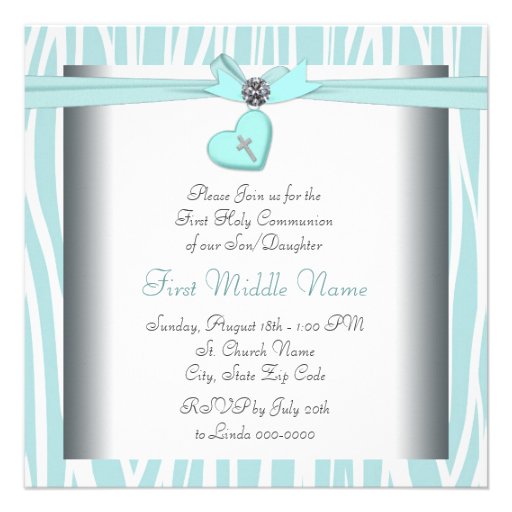 Teal Blue Zebra Cross First Communion Custom Invitation