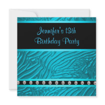 Teal Blue Zebra Girls 13th Birthday Party Custom Invitation