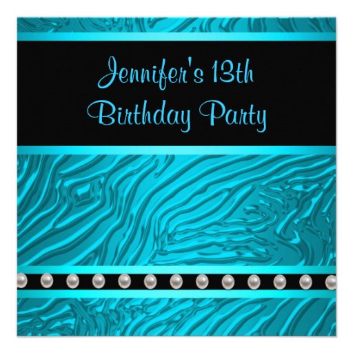 Teal Blue Zebra Girls 13th Birthday Party Custom Invitation