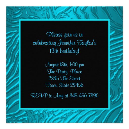 Teal Blue Zebra Girls 13th Birthday Party Custom Invitation