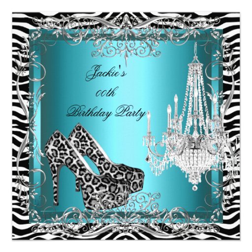 Teal Blue Zebra Leopard Print Party Shoes Invite