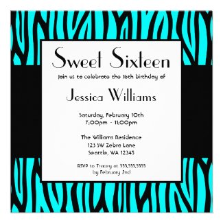 Teal Blue Zebra Modern Sweet 16 Birthday Party Custom Invitation