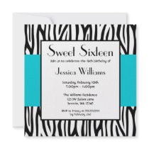 Teal Blue Zebra Modern Sweet 16 Invitations