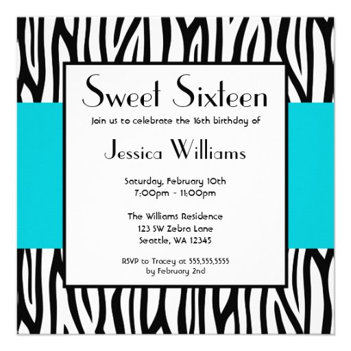 Teal Blue Zebra Modern Sweet 16 Invitations