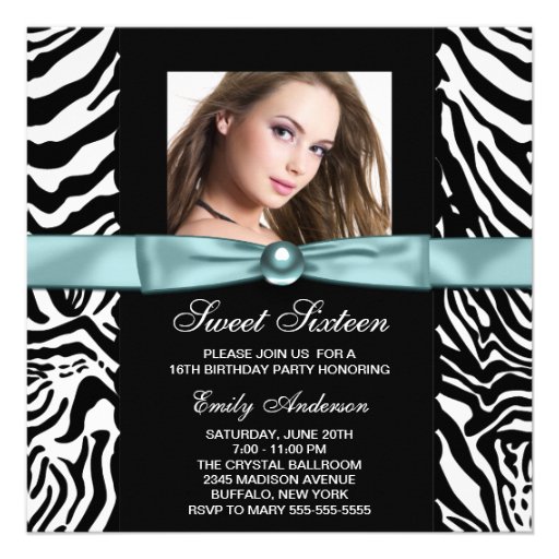 Teal Blue Zebra Photo Sweet Sixteen Birthday Party Personalized Invitations
