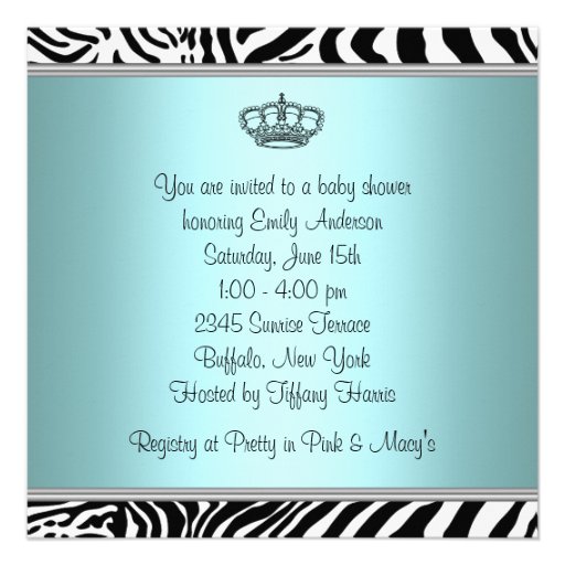 Teal Blue Zebra Princess Baby Girl Shower Announcements