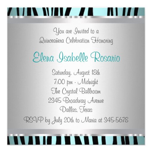 Teal Blue Zebra Quinceanera Invitations