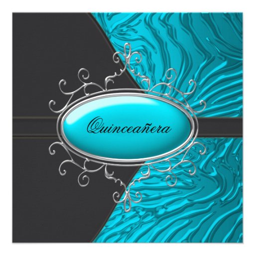 Teal Blue Zebra Quinceanera Invitations (front side)
