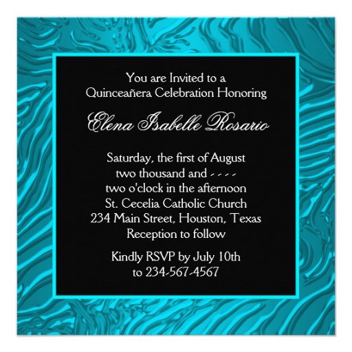 Teal Blue Zebra Quinceanera Invitations