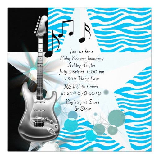 Teal Blue Zebra Rock Star Baby Boy Shower Custom Invitation