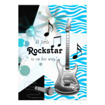 Teal Blue Zebra Rock Star Baby Boy Shower Announcement