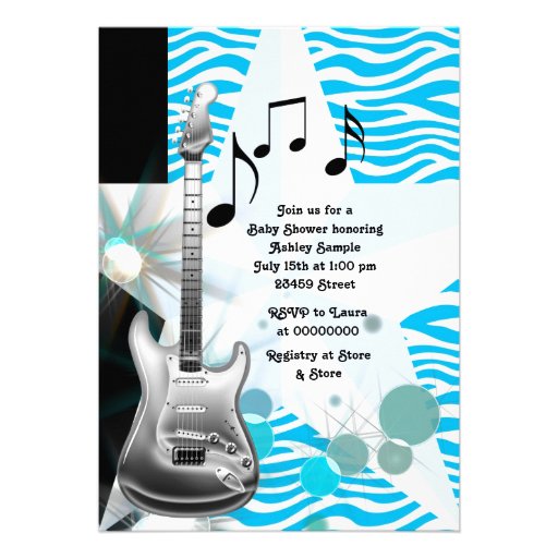 Teal Blue Zebra Rock Star Baby Boy Shower Announcement