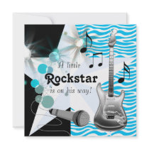 Teal Blue Zebra Rockstar Baby Boy Shower Custom Invitation