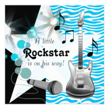 Teal Blue Zebra Rockstar Baby Boy Shower Invites