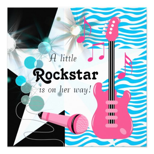 Teal Blue Zebra Rockstar Baby Girl Shower Personalized Invitation