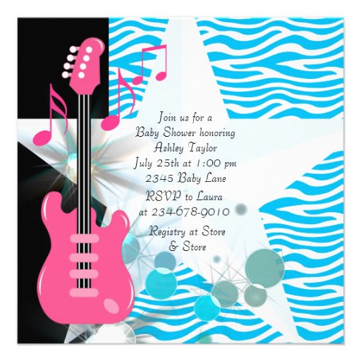 Teal Blue Zebra Rockstar Baby Girl Shower Personalized Invitation