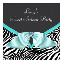 Teal Blue Zebra Sweet 16  Birthday Party Custom Invitation