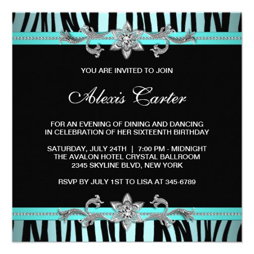 Teal Blue Zebra Sweet Sixteen Birthday Party Custom Announcement