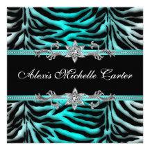 Teal Blue Zebra Sweet Sixteen Birthday Party Invites