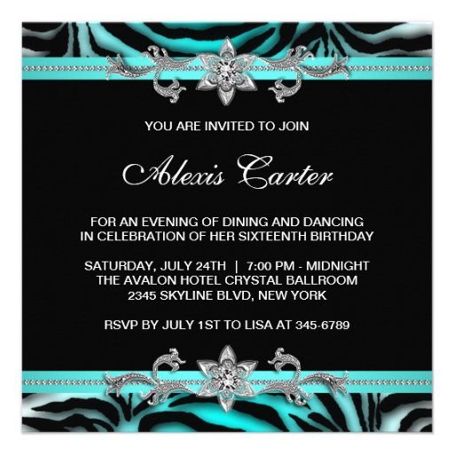 Teal Blue Zebra Sweet Sixteen Birthday Party Invites