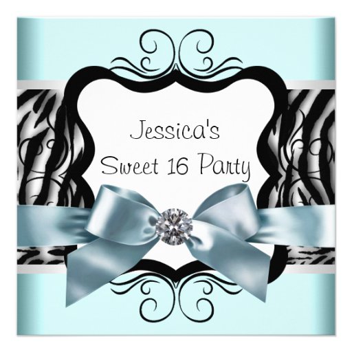 Teal Blue Zebra Sweet Sixteen Birthday Party Personalized Announcement